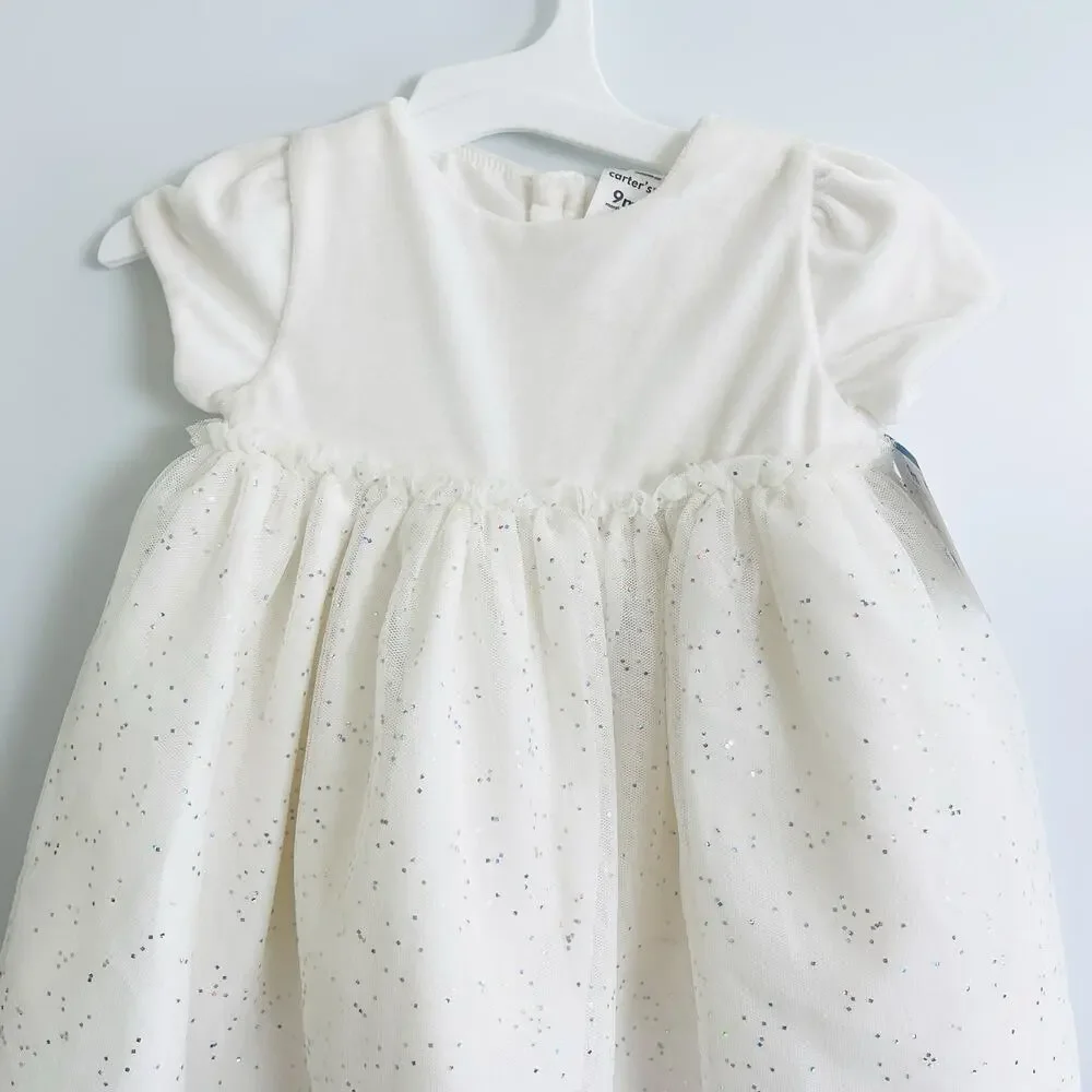 Baby Girls Carters Short Sleeve Off White‎ Sparkly Tulle Mesh Dress -9 Months
